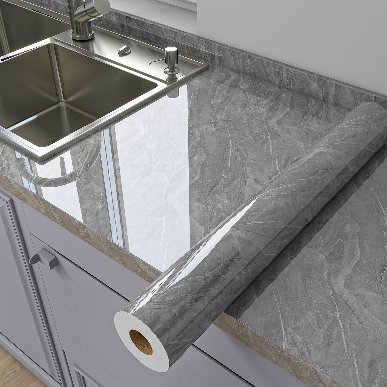 Thick 0.3mm Glossy Marble Wallpaper Wall Sticker - Self-Adhesive Heat\u002FOil Resistant Waterproof PVC Countertop Stickers, Peel And Stick Renovation Film For For Kitchen Backsplash, Countertops, Bathroom Walls, Furniture Upgrades-Set Includes Tool