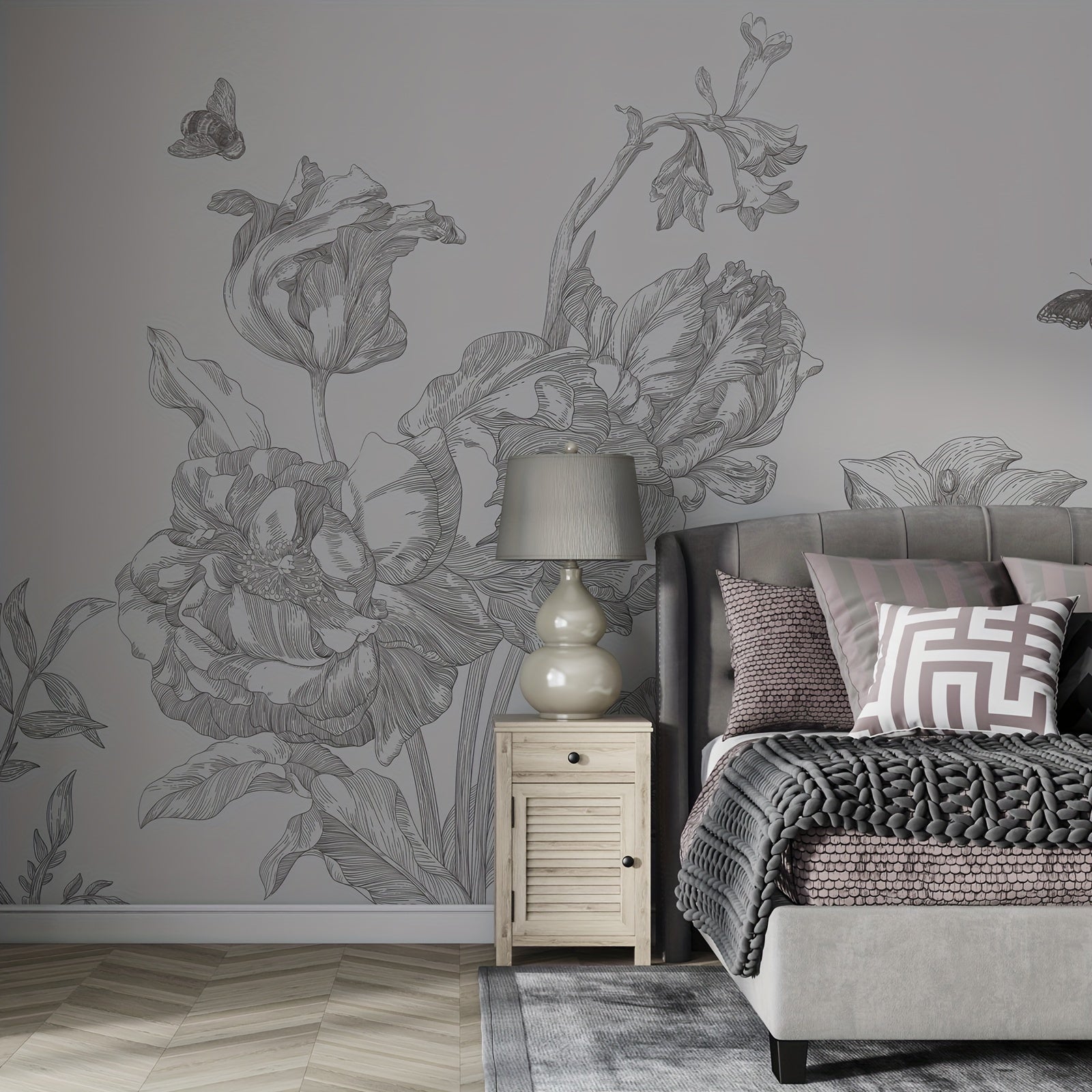 2D Wall Art One 375cm * 250cm Light Colored Floral Mural with Adhesive Peeling Wallpaper At The Bottom