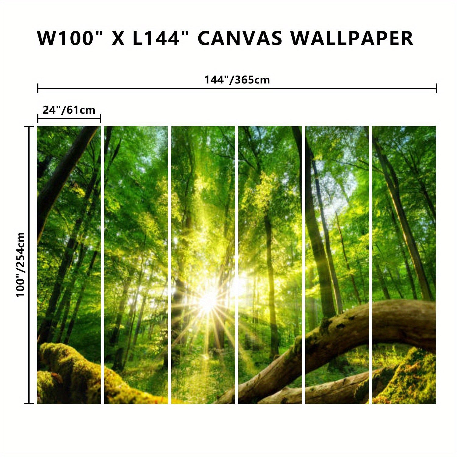 Peel and Stick Wall Mural Green forest enchanted by the sun Vinyl Self-Adhesive Wallpaper for Bedroom Living Room Office Removable Large Sticker Boho Waterproof Wall Decal Renter Friendly Wall Murals Accent Wall Decor TV Background Decor Paintings Art
