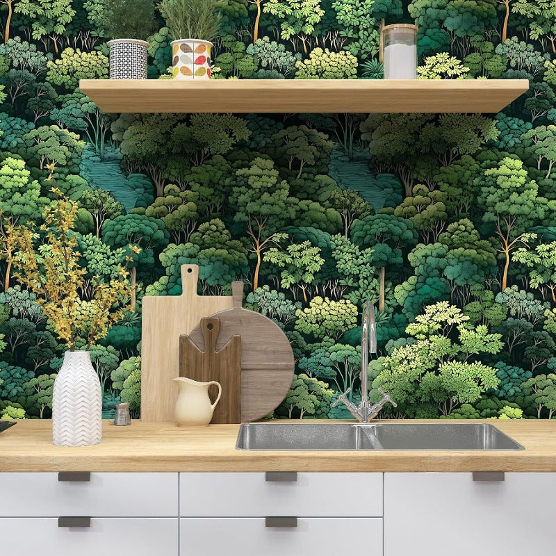 Peel Stick Green Wallpaper Forest Trees Contact Paper 17.5x393.7 Woodland Mountain Botanical Self Adhesive Waterproof Removable Room Decor