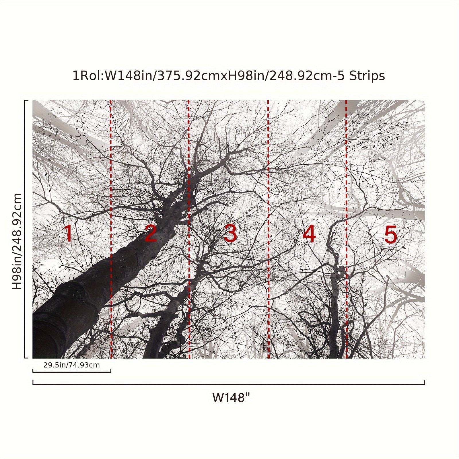 2D Wall Art 1pc Of 147.64inch * 98.43inch Qingfeng Forest Mural with Adhesive Wallpaper At The Bottom, Cut Into 5pcs