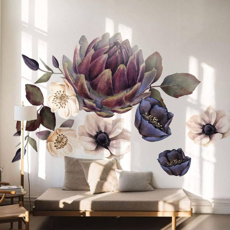 Fabric Peel and Stick Floral Wall Decal, SelfAdhesive Peony Flowers Wallpaper, Rose Sticker for Living Room Bedroom Wall Decor, Eden Garden A6 PCs