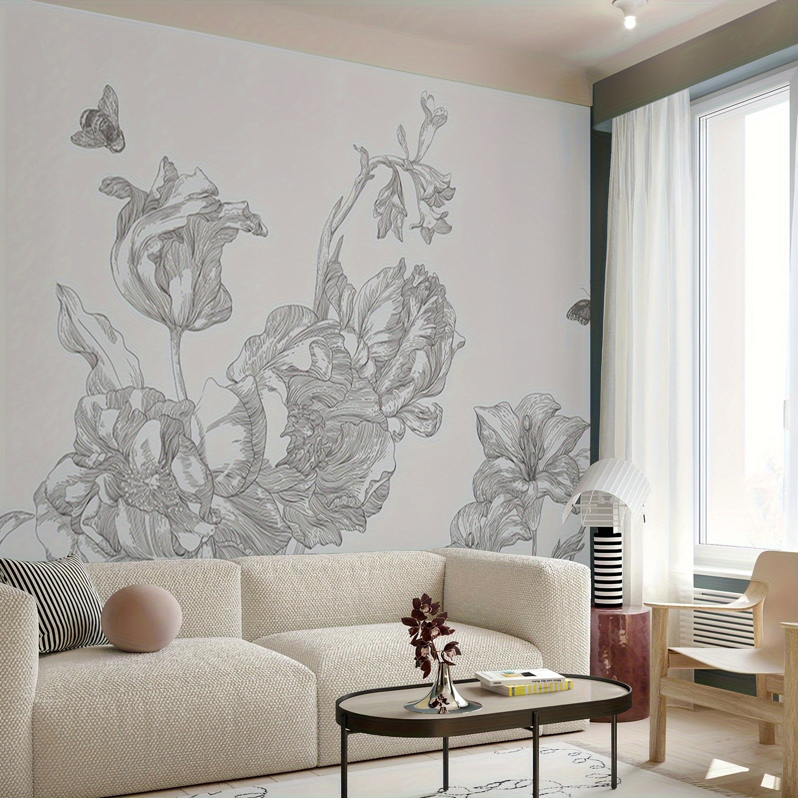 2D Wall Art One 375cm * 250cm Light Colored Floral Mural with Adhesive Peeling Wallpaper At The Bottom